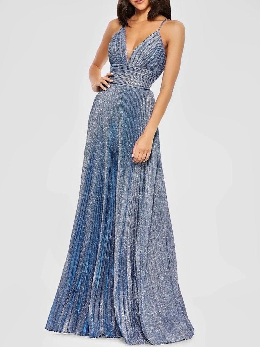 Mac Duggal Blue Shimmer Pleated V-Neck Gown Blue Maxi Dress